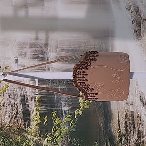 Beaded embroidered detailed handmade luxurious tan brown vintage hand bag